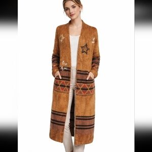 Boutiaue FASHION APPARELS Boho Western Fuzzy Longline Cardigan Sweater Star. S/M